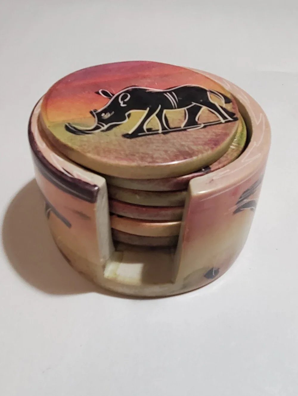 HAND CARVED SAFARI ANIMALS KENYAN SOAPSTONE COASTER SET 6.